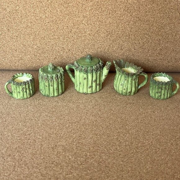 Vtg 90s Miniature Resin Asparagus Tea Set Mini Doll House Plate Garden Cottage - Picture 6 of 16